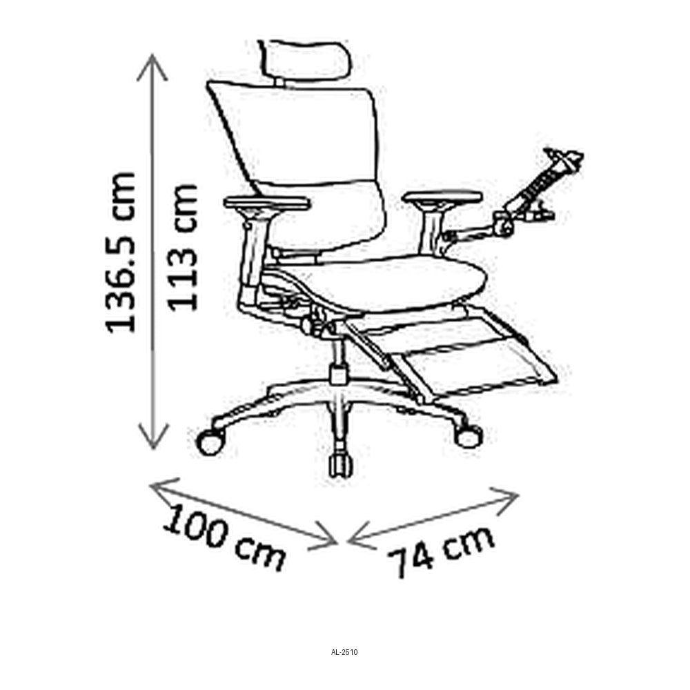 Sillón de Oficina Ejecutivo Respaldo Alto con Cabecera Ajustable, dibujo tecnico con medidas en centimetros