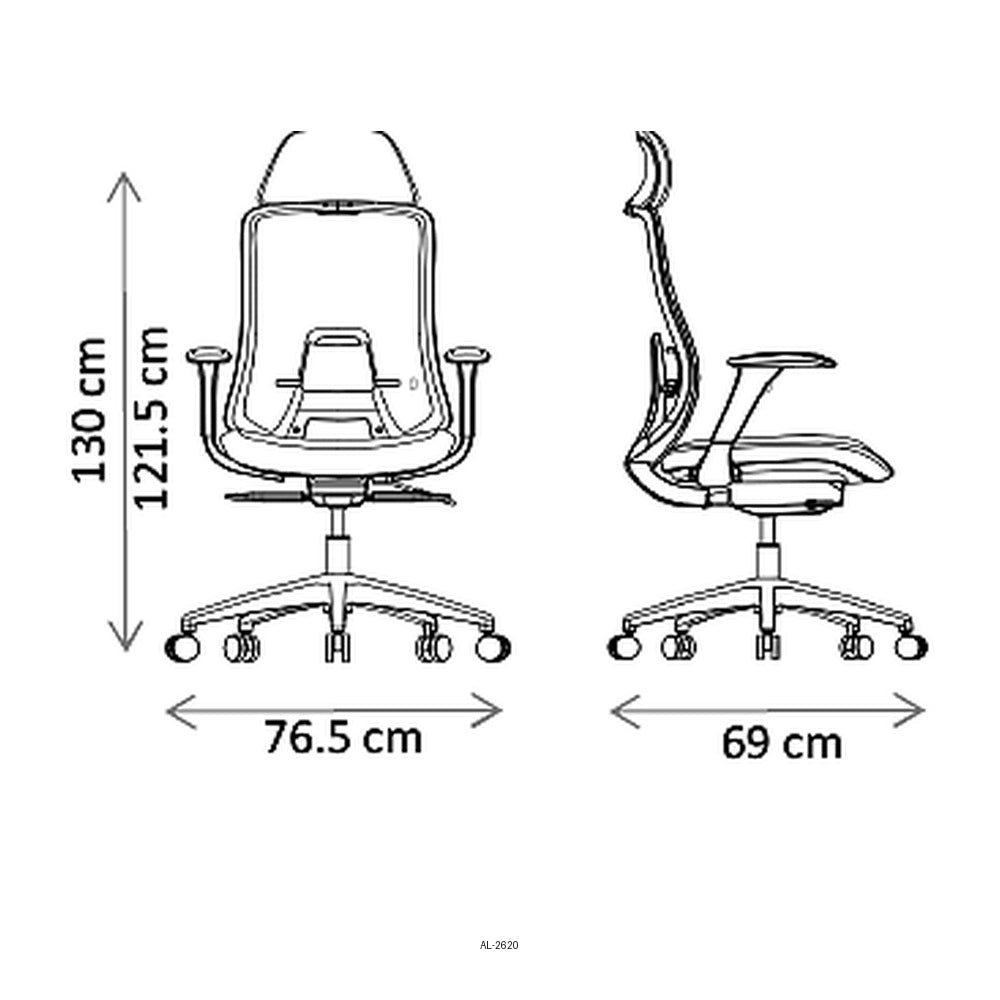 Silla de Oficina Ejecutiva con Cabecera Ajustable, dibujo tecnico con medidas en centimetros