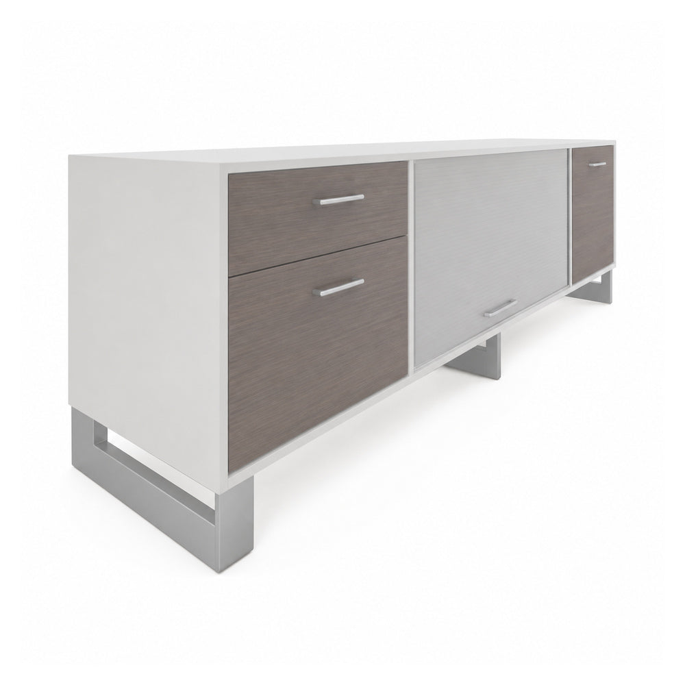 Credenza para Oficina Baja con Cajoneras (cerradura+gaveta Folder Colgante) - VERSA AXIO - Estructura Blanco/gris - 180×45×52 - 1 Entrepano Central Interno Melaminico Ajustable