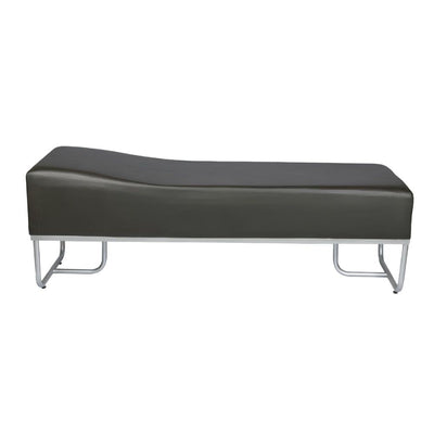 Chaise longue de consultorio tapizada en vinilo negro con base tubular metálica esmaltada color aluminio