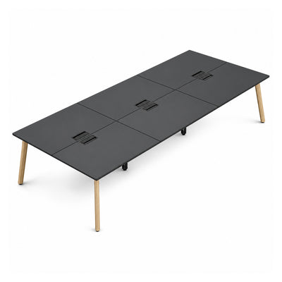 Mesa Bench para 6 Usuarios - VERSA DASH - 540×150×75 cm - Estructura Metálica Negra con Patas de Madera de Haya