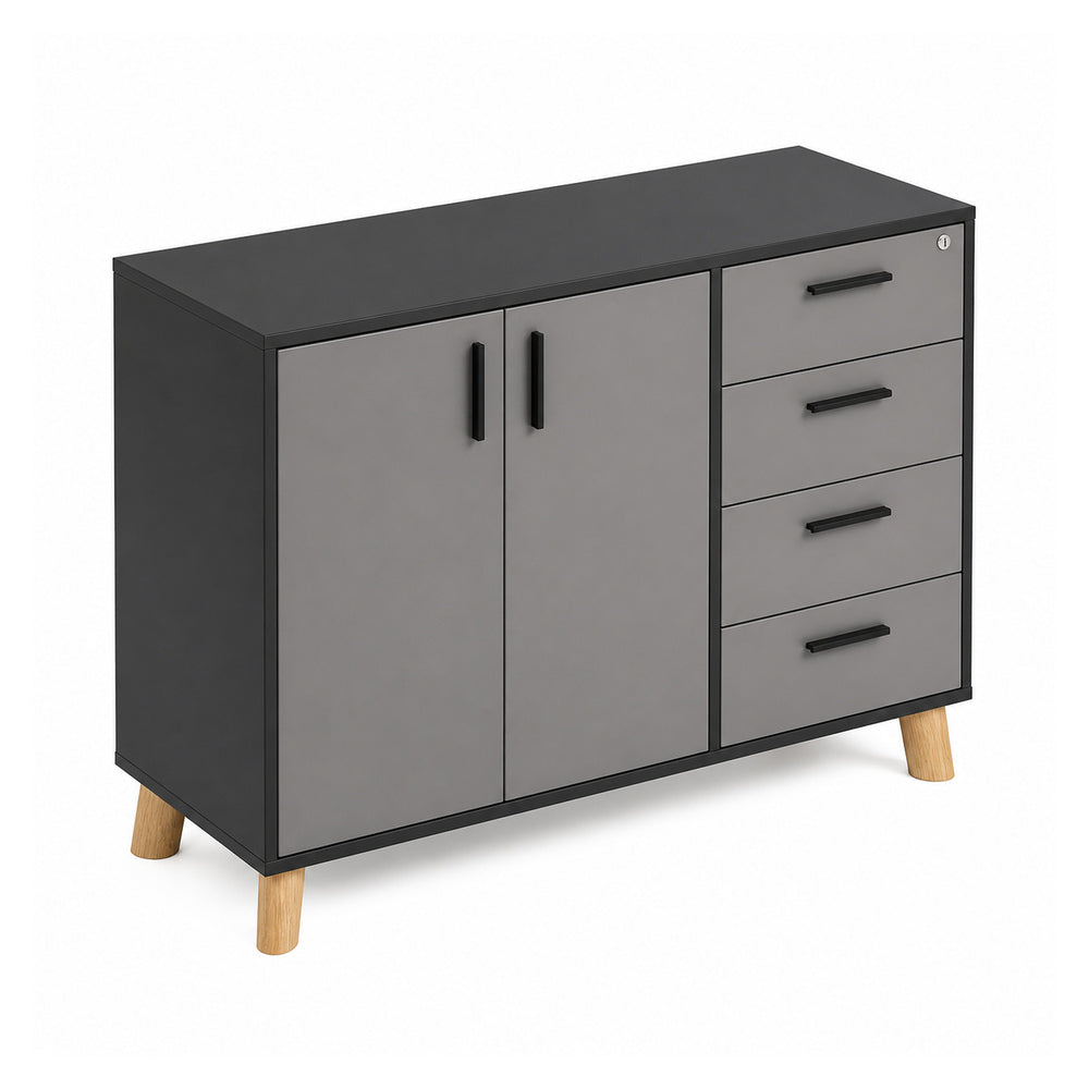Credenza Alta Derecha 4 Cajones Papeleros - VERSA DASH - 120×45×91 cm - Patas de Madera de Haya