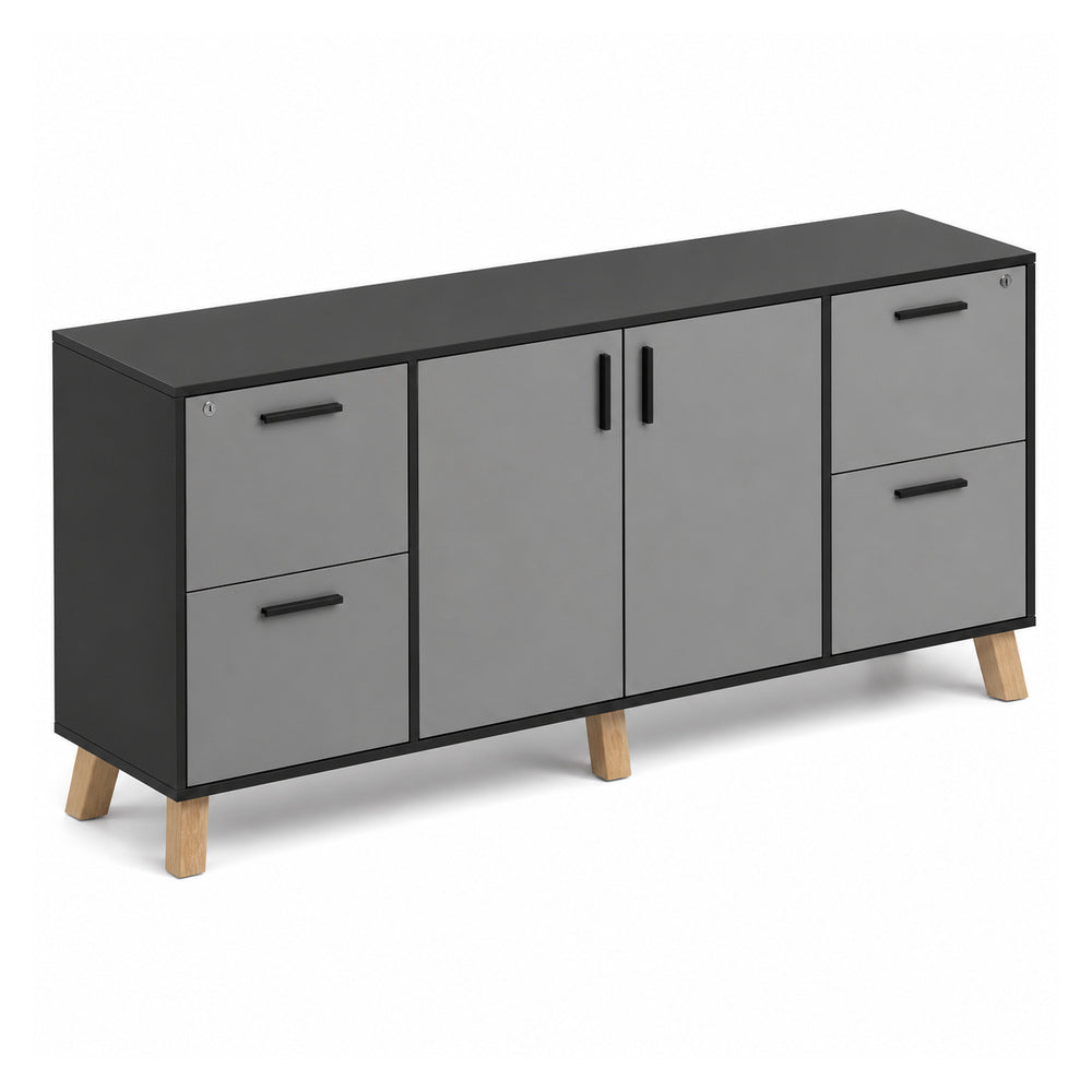 Credenza Alta 4 Gavetas de Archivo y 2 Puertas Abatibles Centrales - VERSA DASH - 180×45×91 cm - Patas de Madera de Haya