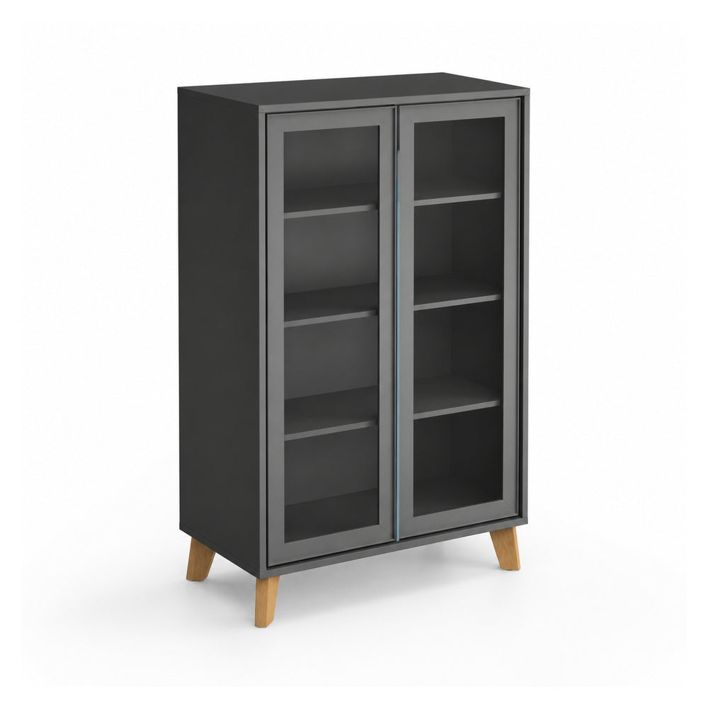 Librero Alto 2 Puertas Abatibles en Cristal Esmerilado - VERSA DASH - 90×45×161 cm - Patas de Madera de Haya