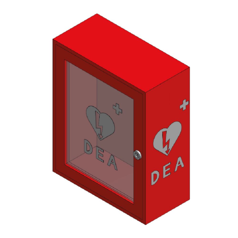 Gabinete de pared de acero rojo para desfibrilador con ventana de vidrio y cerradura tipo rombo