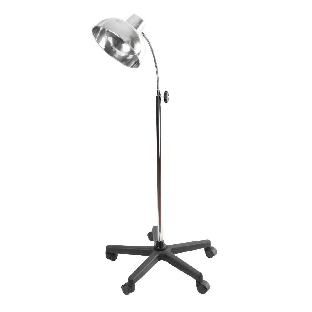 Lámpara de chicote cromada con pantalla grande de aluminio, brazo flexible telescópico y base negra de cinco apoyos