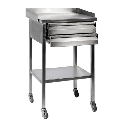 Mesa de consultorio de acero inoxidable con dos cajones, entrepaño inferior y rodajas