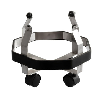 Porta cubeta de patada de acero inoxidable con ruedas y protección perimetral de hule negro