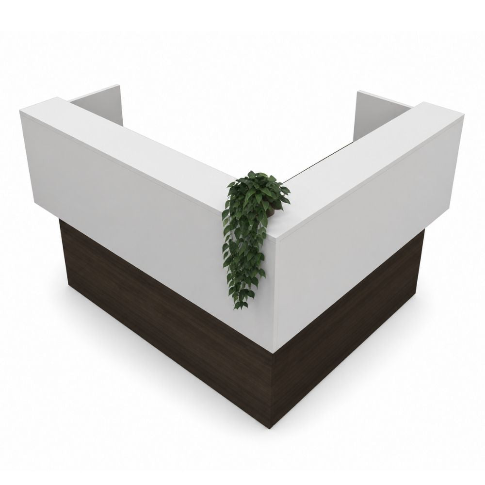 Módulo de recepción para oficina en "L" con Cubo Completo VERSA RP, frente 180 cm, vista de tres cuartos sobre fondo blanco