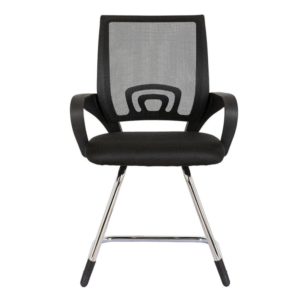 Silla de visita ALBAR LK-16 negra con base trineo cromada, respaldo en malla y brazos.