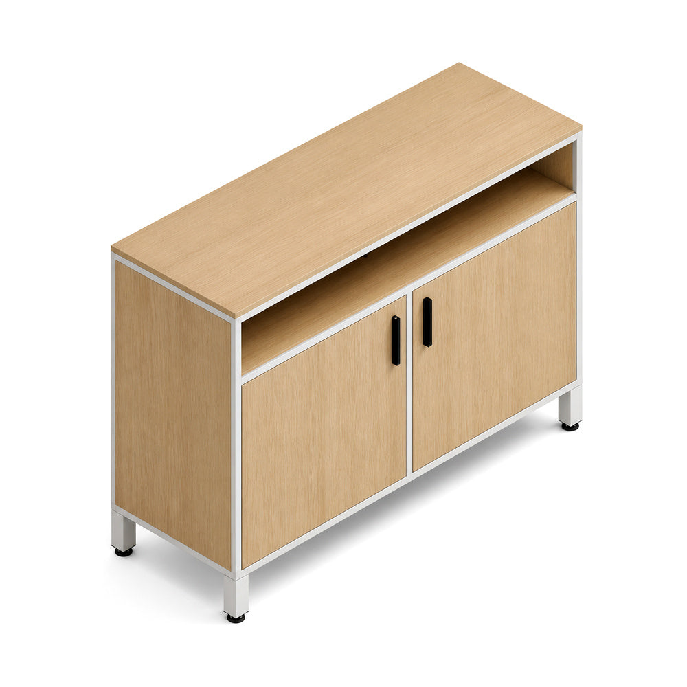 Credenza para Oficina Alta con 2 Puertas Abatibles - VERSA LEVA - Estructura Gris/Blanco - 120×45×90 - Division y 2 Entrepanos Internos Melaminicos Ajustables