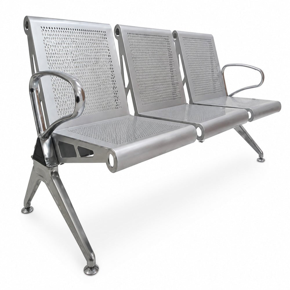 Banca de Visita para Oficina Triton Tres Plazas Pintura Horneada Color Gris - VERSA ALTUS TRITON - Estructura Aluminio - Asiento y Respaldo en una Pieza de Lamina - BT-TN1103 - VERSA - NOGAL BEAT - Banca de Visita