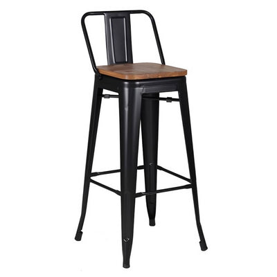 Banco Alto para Bar Tipo Tolix - NOGAL BEAT BOLTON RESPALDO BAJO - Negro - Asiento en Madera y Estructura Acero - BANCO BOLTON RESPALDO BAJO COLOR NEGRO MATE CON ASIENTO DE MADERA - MDO - NOGAL BEAT - Banco Comercial