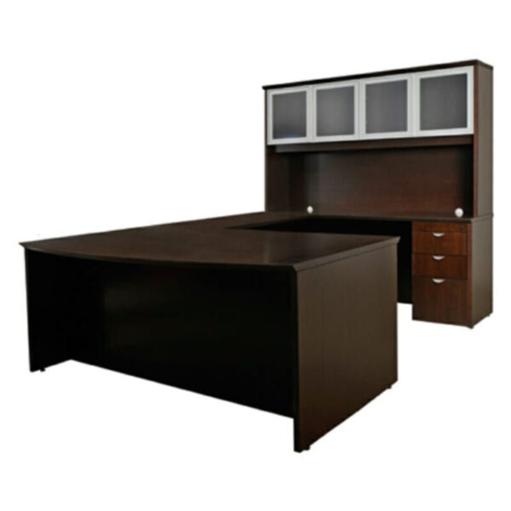 CONJUNTO OFIK FILO 556 | Conjunto Ejecutivo Tipo Bote | Escritorio Curvo | Lateral Conector | Mesa Credenza | Pedestal | Librero | Interior - 556 - OFIK - NOGAL BEAT - Mobiliario