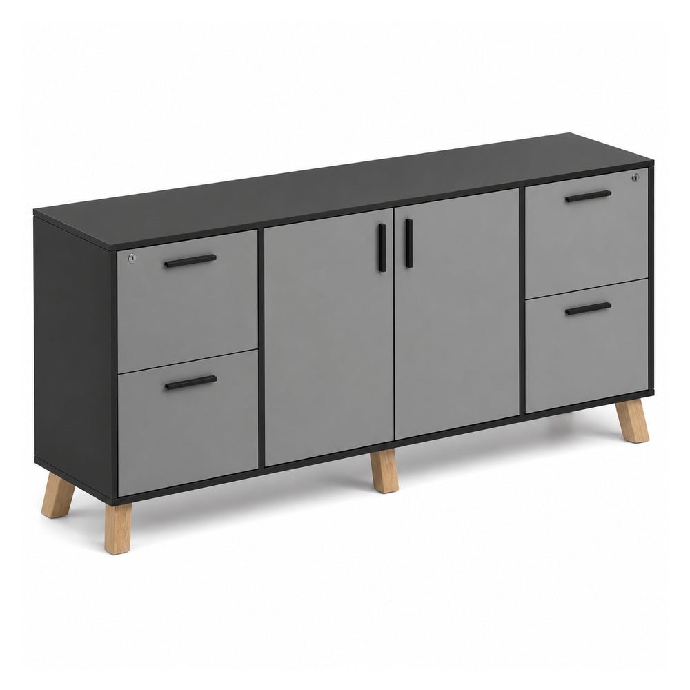 Credenza Alta 4 Gavetas de Archivo y 2 Puertas Abatibles Centrales - VERSA DASH - Estructura Negra - Patas de Madera de Haya - DS-864 - VERSA - NOGAL BEAT - Credenza