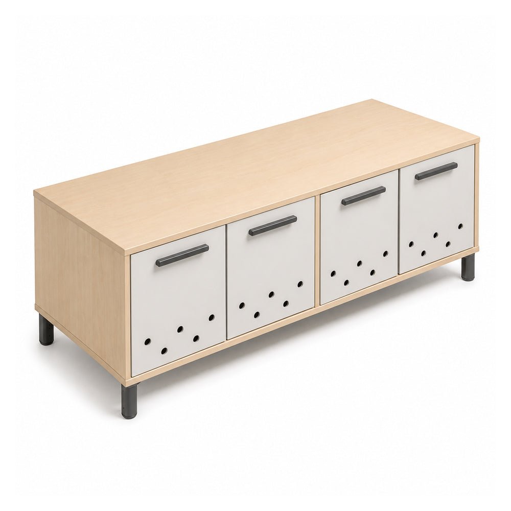 Credenza para Oficina Baja con 4 Puertas Metálicas Estampado Plug - VERSA READY - Varios Colores - Altura 52 cm - 4 Patas Cortas Ready Acero Blanco Altura 12cm - RE-812M - VERSA - NOGAL BEAT - Credenza