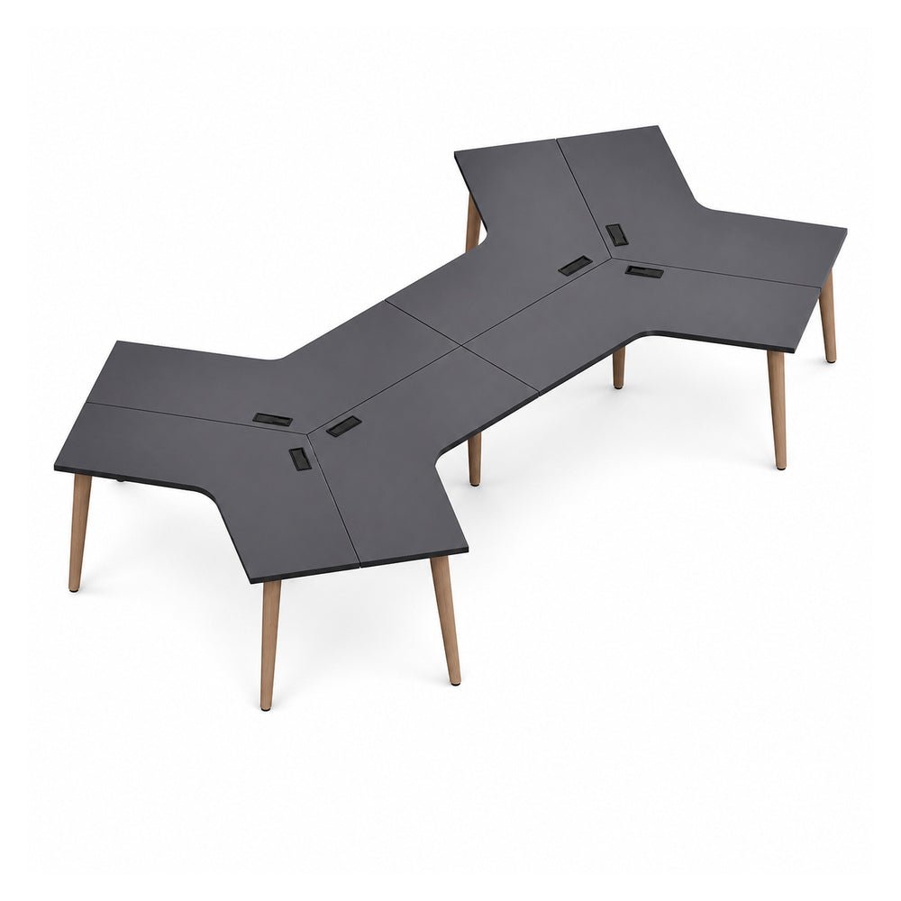 Estación de Trabajo Triceta para 3 Personas - VERSA DASH - Estructura Metálica Negra con Patas de Madera de Haya - Frente 462 cm - DS-692 - VERSA - NOGAL BEAT - Escritorio de Oficina