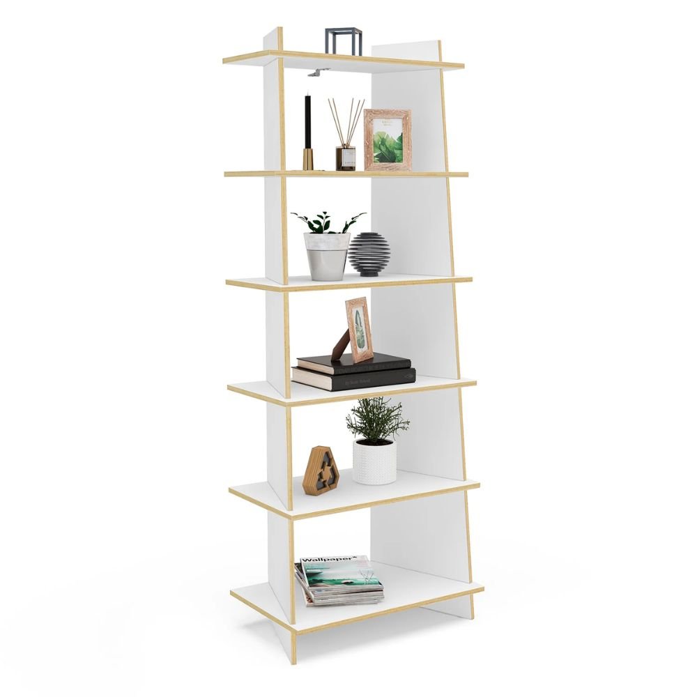 LIBRERO NOGAL BEAT LIBR0904385 ESQUINERO REGGO | Librero Esquinero para Sala de Estar | Estructura Laminado Plástico | Soportes de Madera | Interior - LIBR0904385 - Mundo In - NOGAL BEAT - Librero