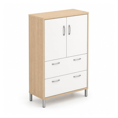 Librero para Oficina Alto - VERSA READY - Estructura Blanco - 2 Puertas Superiores con Entrepaño Melamínico Ajustable - RE-882 - VERSA - NOGAL BEAT - Librero