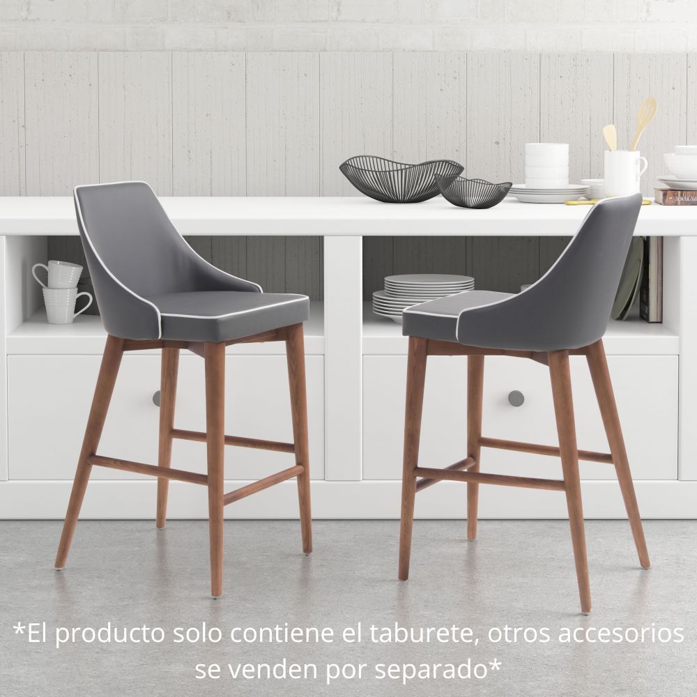 TABURETE ZUO MOOR | Taburete Alto para Barra | 94 cm | Base Madera Abedul | Gris | Polipiel 100% Poliuretano | Interior - 100280 - Zuo - NOGAL BEAT - Taburete
