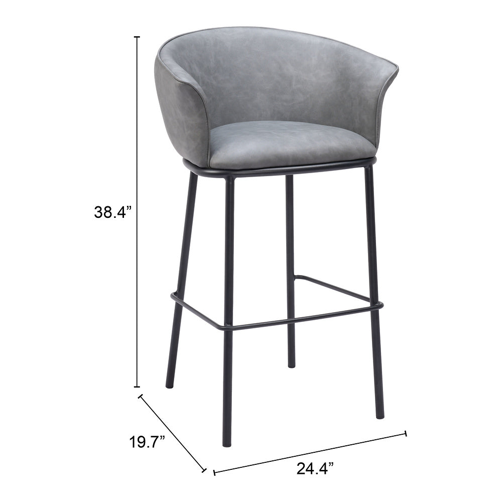 Banco Alto para Bar y Barra - ZUO GARSTON - Varios Colores - Asiento y Respaldo Tapizados en Piel Sintética - Gris