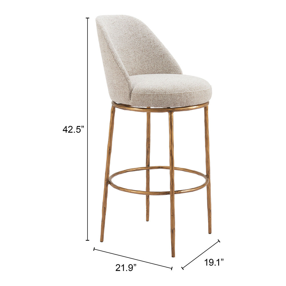 Banco Alto para Pub - ZUO NORDHAVN - Varios Colores - Asiento y Respaldo Tapizados en Tejido Texturizado - Beige y Dorado
