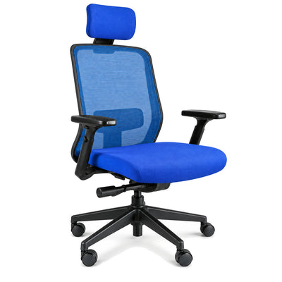 Silla de Oficina Ejecutiva Estructura Negra con Cabecera - REQUIEZ RE-1600A 102-1600A - Negro - Respaldo en Mesh Azul con Cabecera Tapizada y Brazos Ajustables