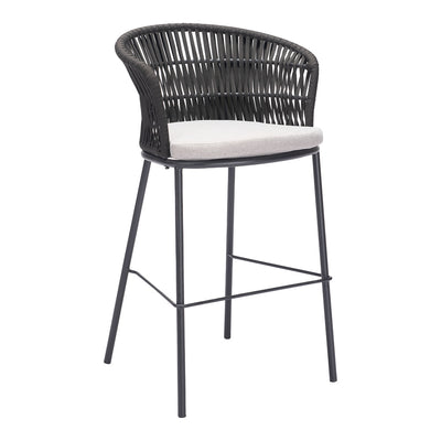 Banco Alto para Terraza y Barra Exterior - ZUO FREYCINET - Varios Colores - Asiento y Respaldo Tapizados con Tela para Exterior - Negro