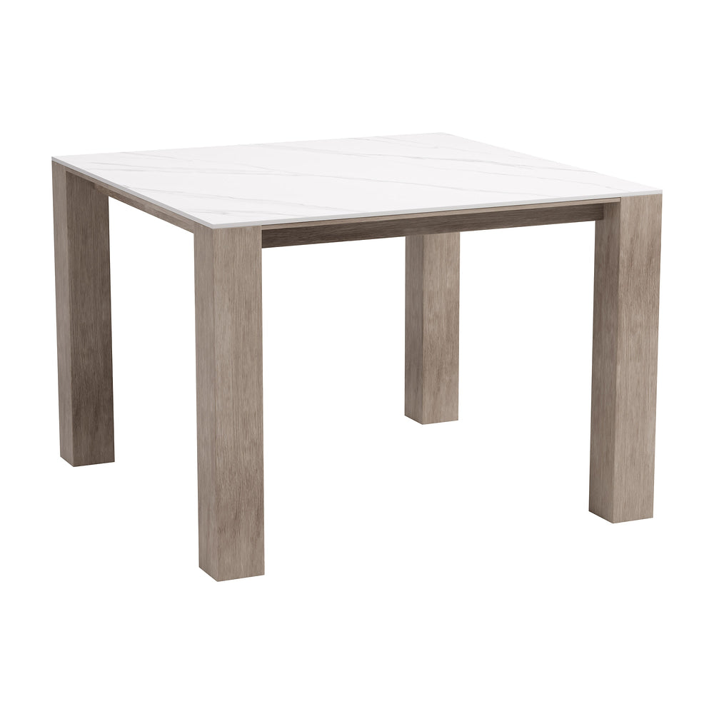 Mesa de Terraza para Cafetería - ZUO LEILANI SQUARE - Blanco - Cubierta de Piedra Sinterizada Símil Mármol y Estructura de Aluminio Símil Madera