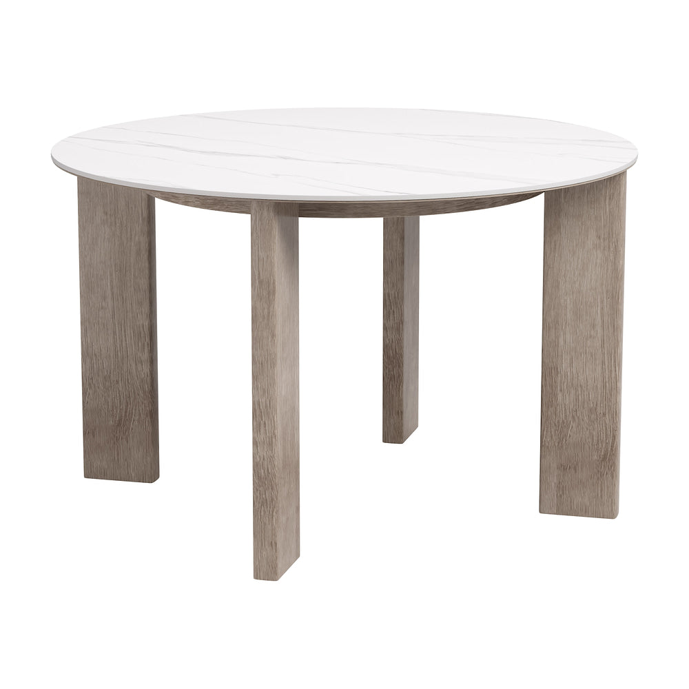 Mesa de Terraza para Restaurante - ZUO OCEANVEIL ROUND - Blanco - Cubierta de Piedra Sinterizada Símil Mármol y Estructura de Aluminio Símil Madera