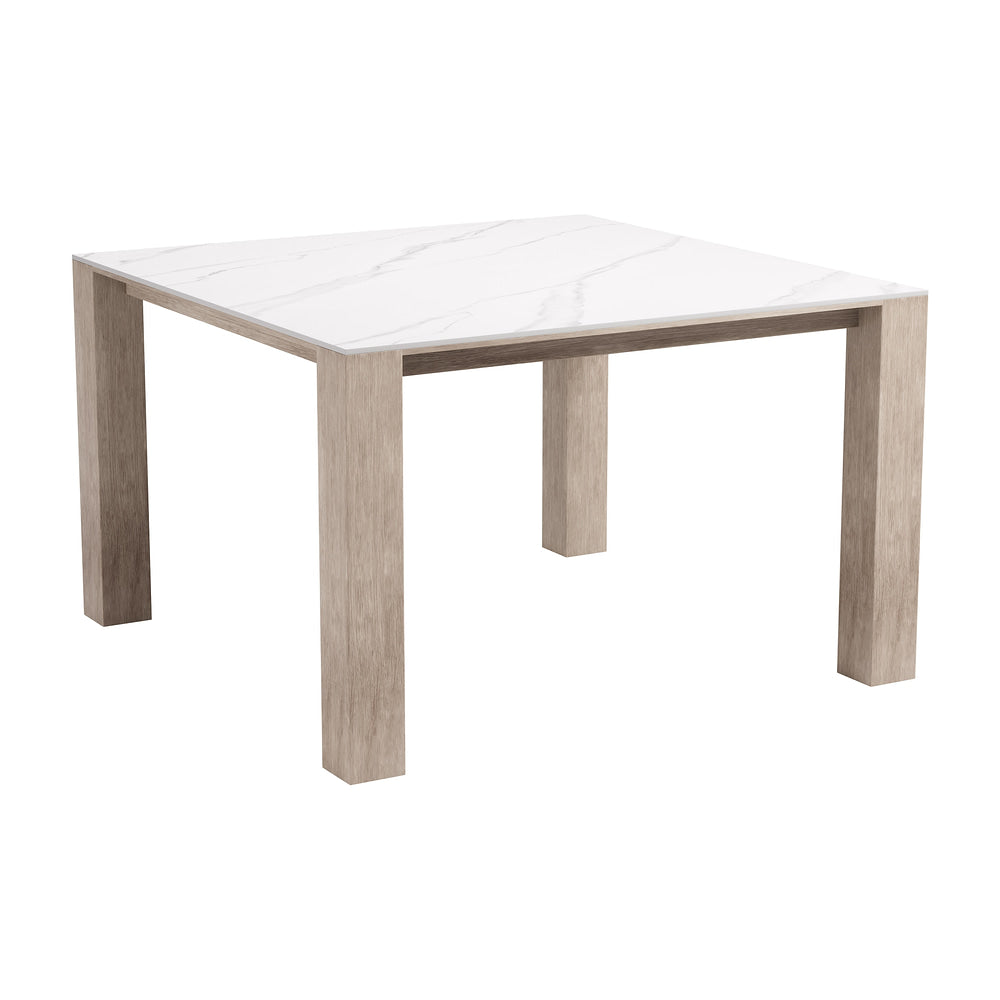 Mesa de Terraza para Áreas de Estar - ZUO LEILANI SQUARE - Blanco - Cubierta de Piedra Sinterizada Símil Mármol y Estructura de Aluminio Símil Madera