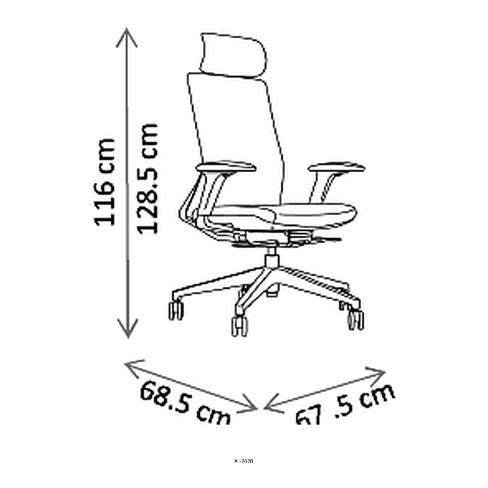 Silla de Oficina Ejecutiva con Cabecera, dibujo tecnico con medidas en centimetros