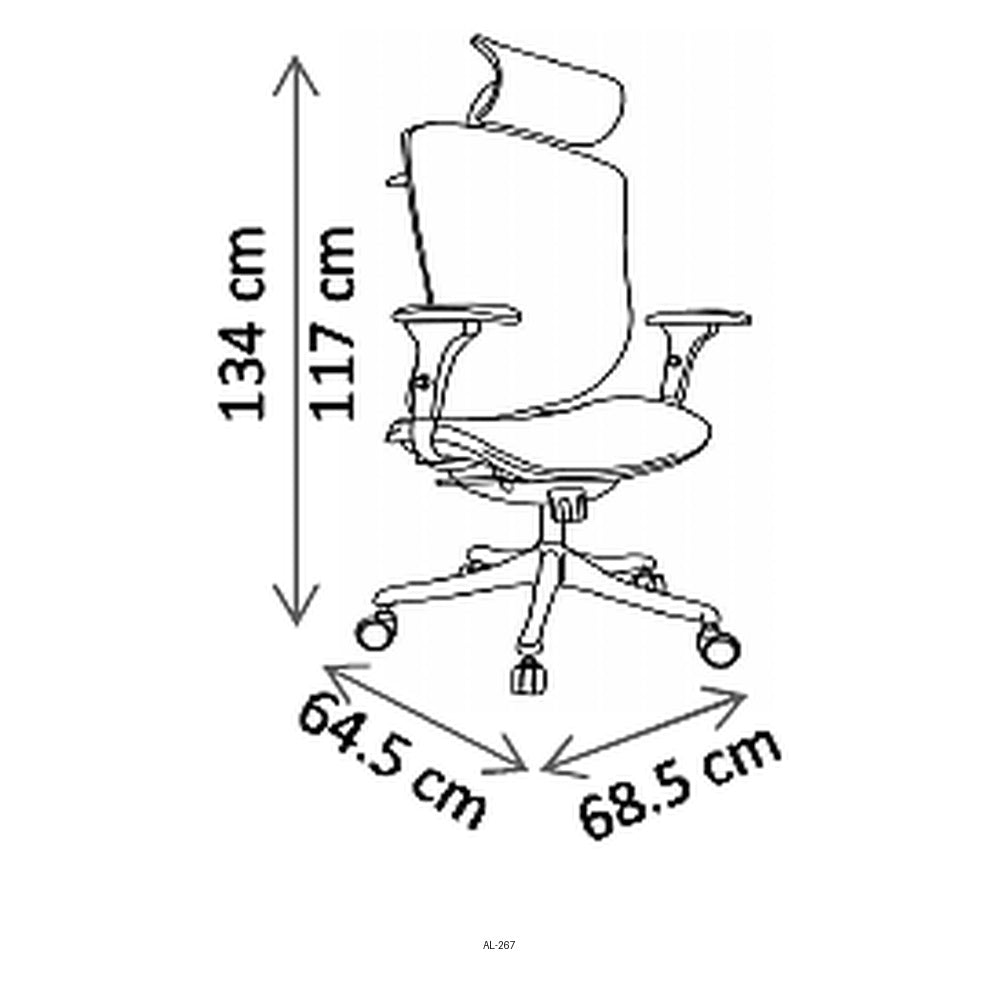 Sillón de Oficina Ejecutivo Respaldo Alto con Cabecera Ajustable, dibujo tecnico con medidas en centimetros