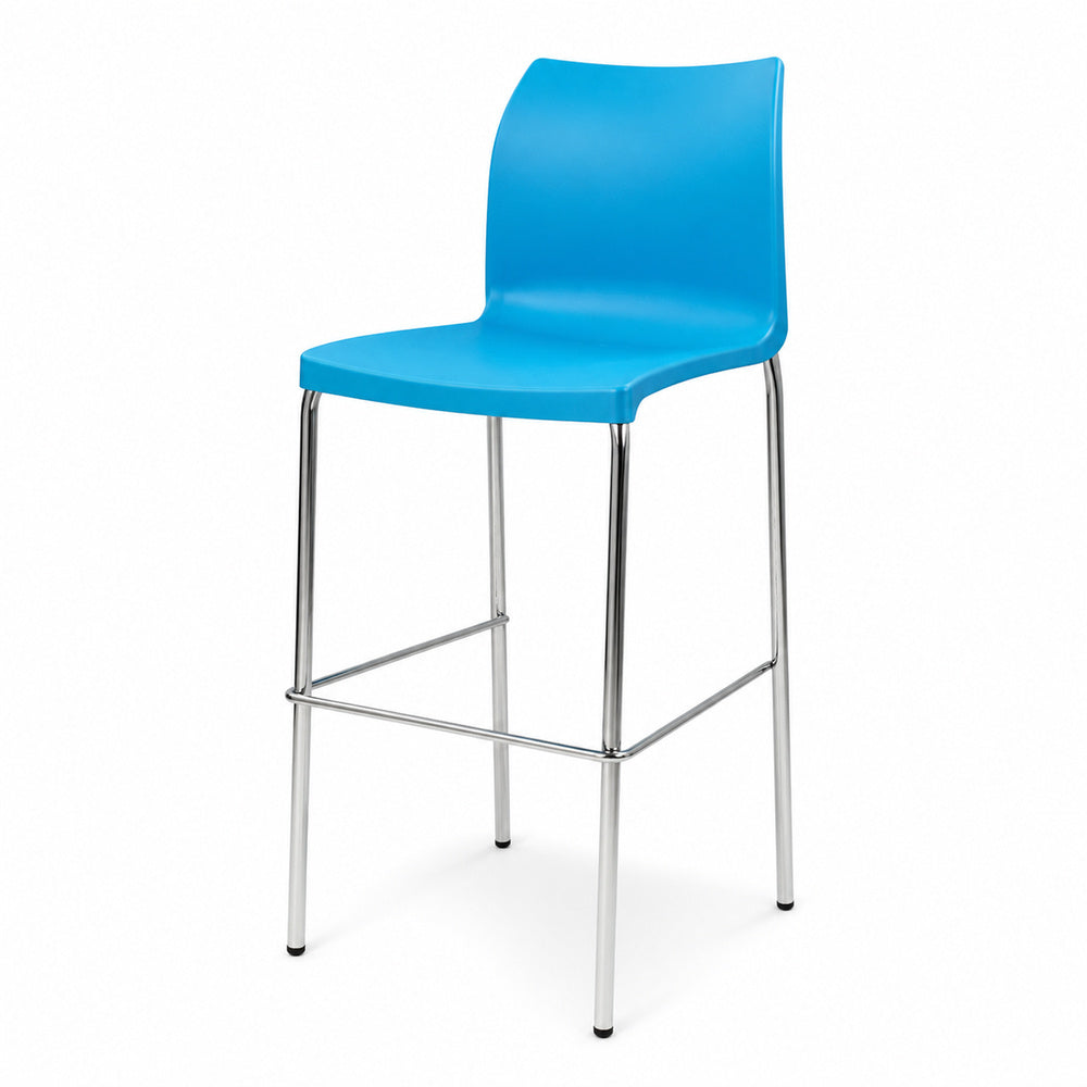 Banco comercial para bar Versa Style Alen AL-3021 estibable de cuatro patas cromadas altura 113 cm en polipropileno azul