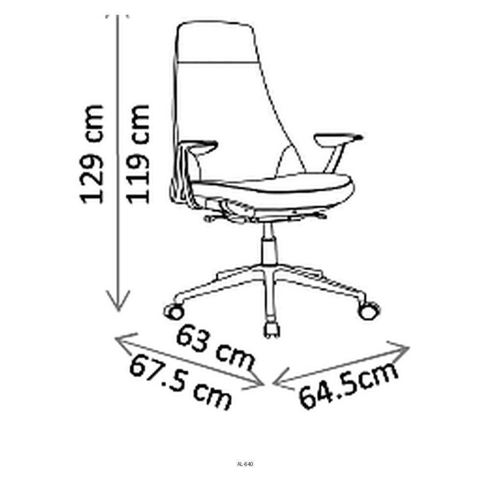 Silla de Oficina Ejecutiva Respaldo Alto, dibujo tecnico con medidas en centimetros