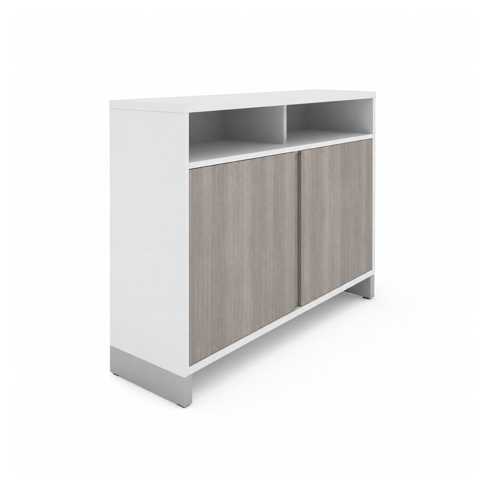 Credenza para Oficina Alta con 2 Puertas Abatibles - VERSA AXIO - Estructura Blanco/gris - 120×45×90 - 1 Entrepano Superior Abierto Fijo Melaminico