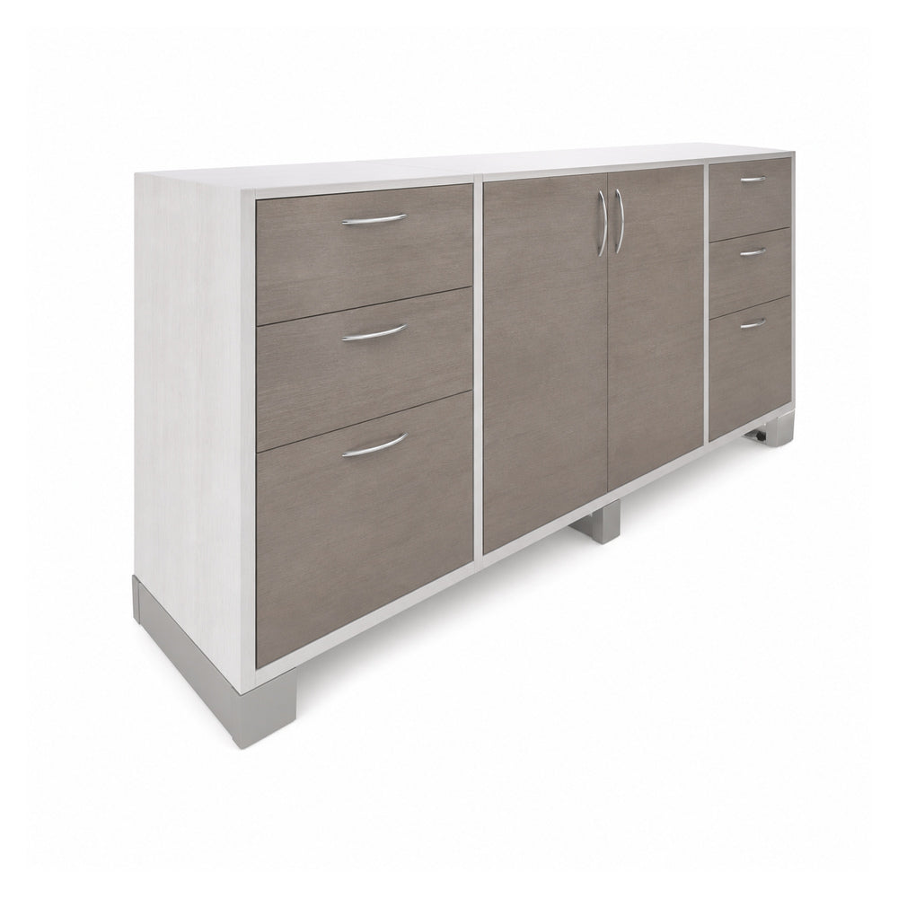 Credenza para Oficina Alta con 2 Cajoneras 2+1 y 2 - VERSA AXIO - Estructura Blanco/gris - 180×45×90 - 1 Entrepano Central Melaminico Ajustable