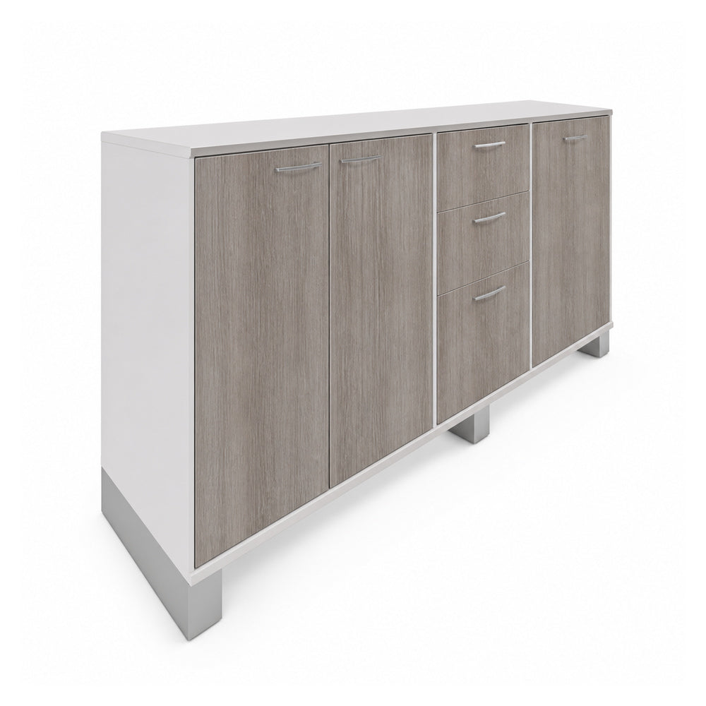 Credenza para Oficina Alta con 1 Cajonera Central 2+1 - VERSA AXIO - Estructura Blanco/gris - 180×45×90 - 2 Entrepanos Laterales Internos Melaminicos Ajustables