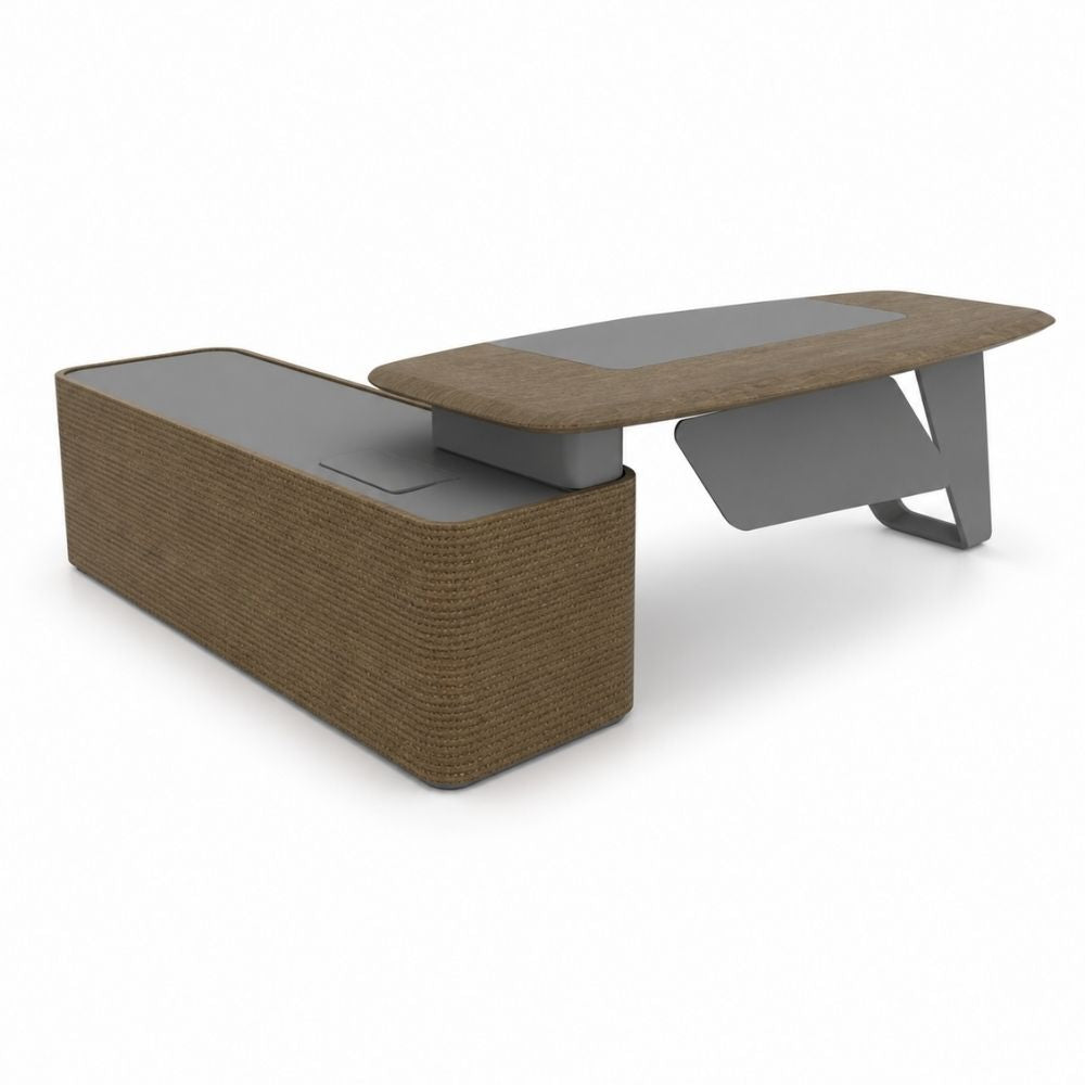 Escritorio ejecutivo modular ARPPA de VERSA, version derecha, cubierta en madera con credenza lateral y base metalica