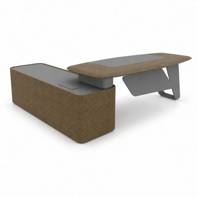 Escritorio ejecutivo modular ARPPA de VERSA, version derecha, cubierta en madera con credenza lateral y base metalica
