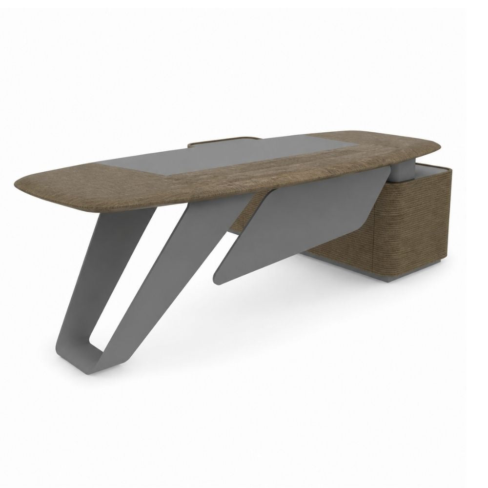 Escritorio ejecutivo modular ARPPA de VERSA, version izquierda, cubierta en madera con credenza lateral y base metalica