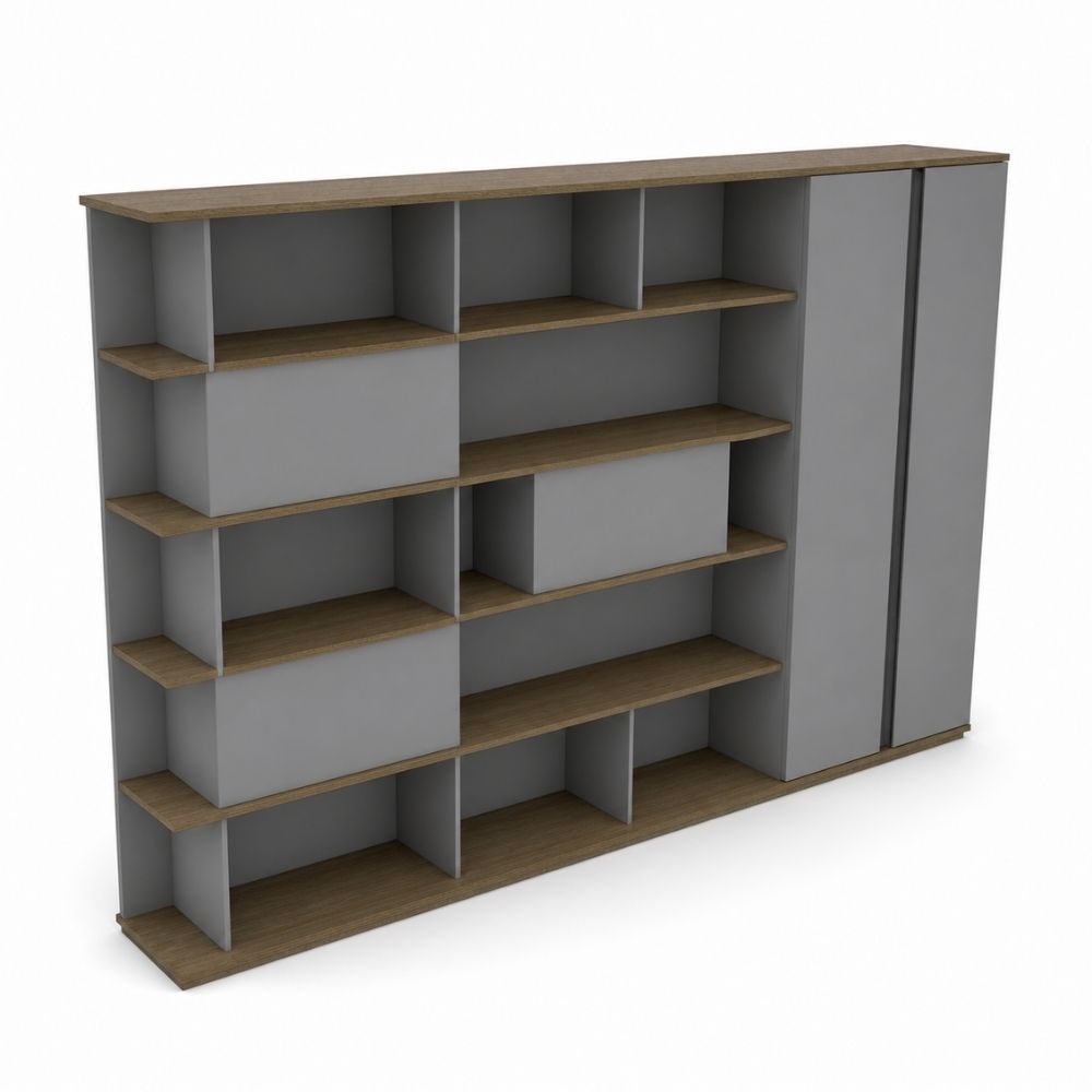 Librero de piso ARPPA de VERSA, estructura en madera con entrepanos abiertos y puertas en gris, vista de tres cuartos