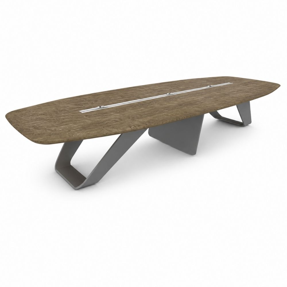 Mesa de juntas ARPPA de VERSA, cubierta en madera con canaleta de conectividad y bases metalicas