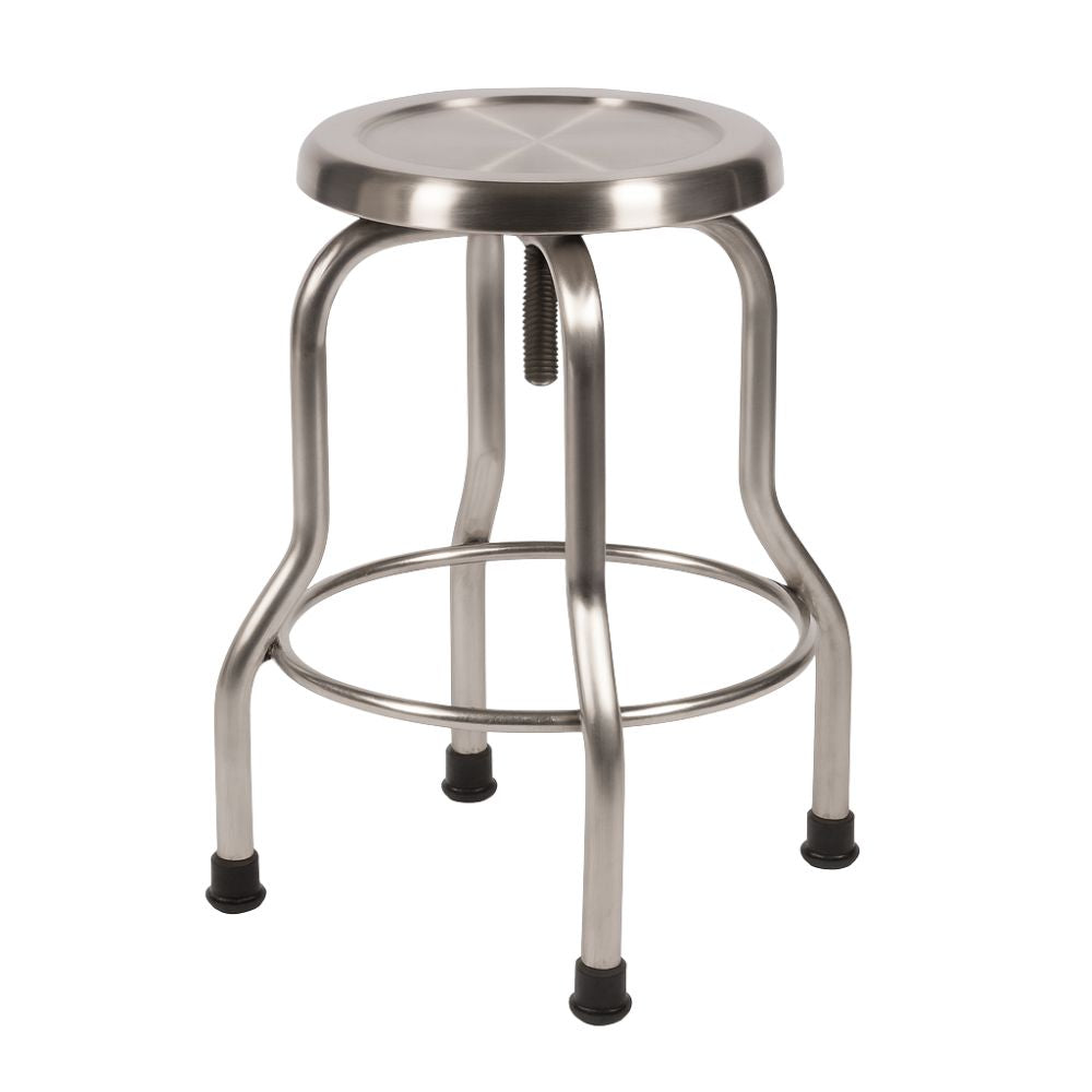 Banco médico con estructura de acero, asiento circular metálico, posa pie y columna de altura ajustable