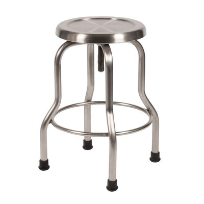 Banco médico con estructura de acero, asiento circular metálico, posa pie y columna de altura ajustable