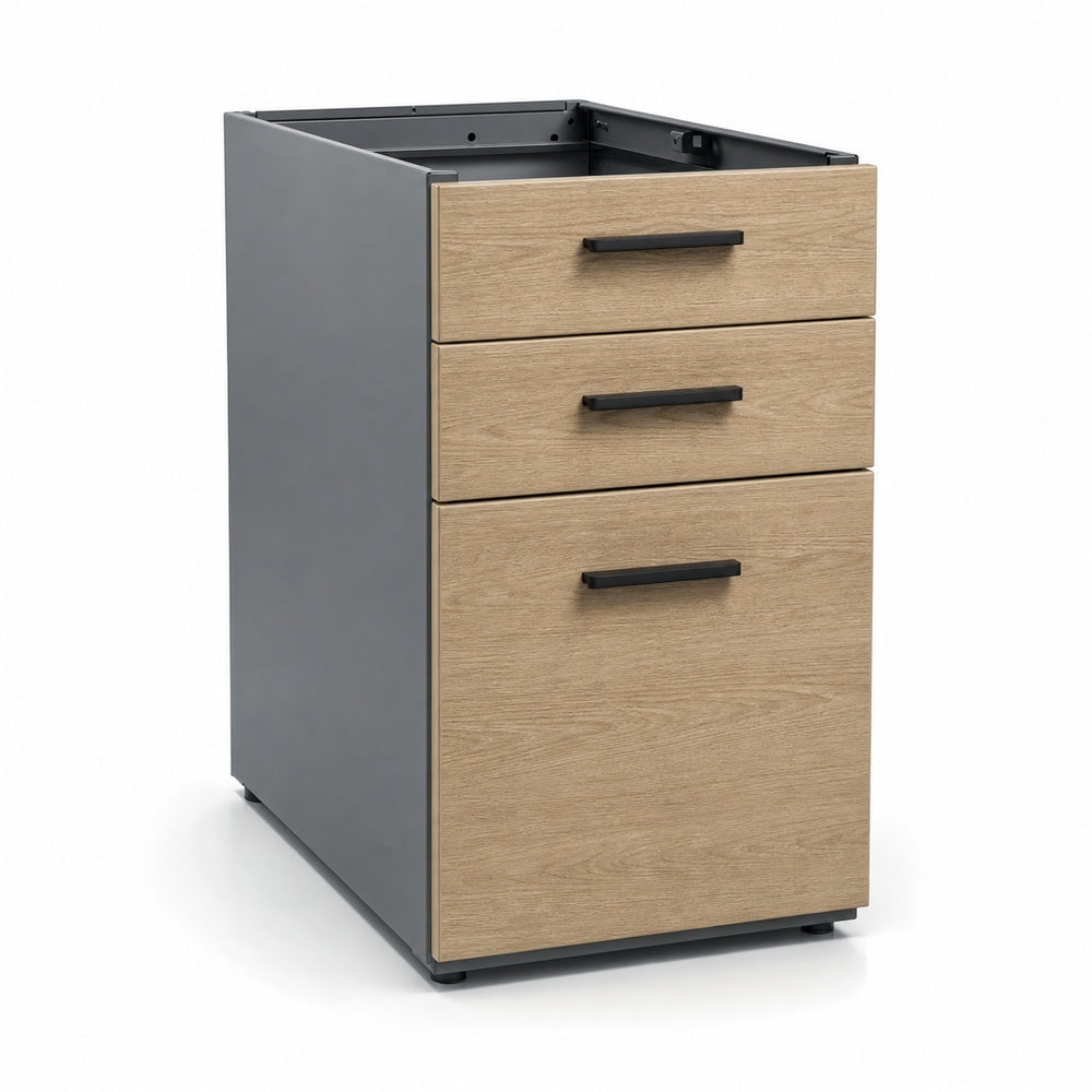 Archivero pedestal metalico Grupo Versa Complementos con 2 cajones y 1 gaveta, frentes melamina/LPAP, fondo 49.5 cm, cubierta lpap, estructura gris