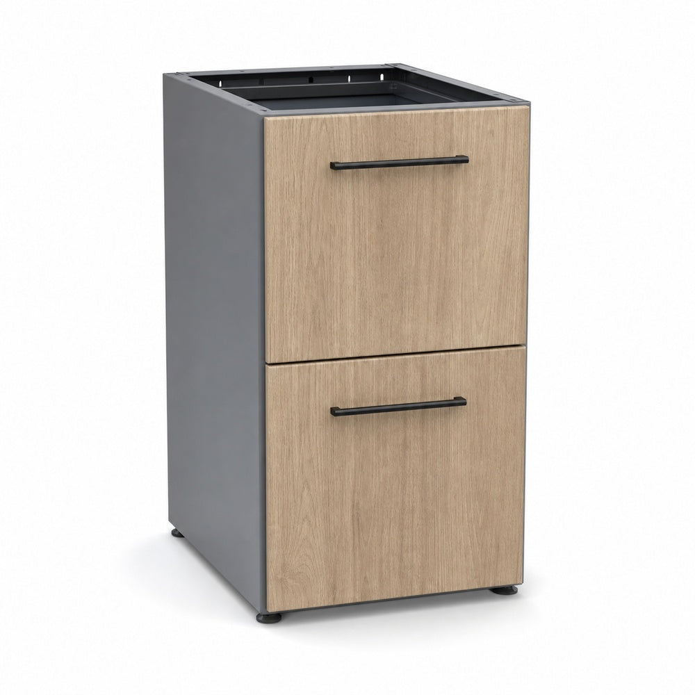Archivero pedestal metalico Grupo Versa Complementos con 2 gavetas de archivo, frentes melamina/LPAP, fondo 49.5 cm, cubierta lpap, estructura gris