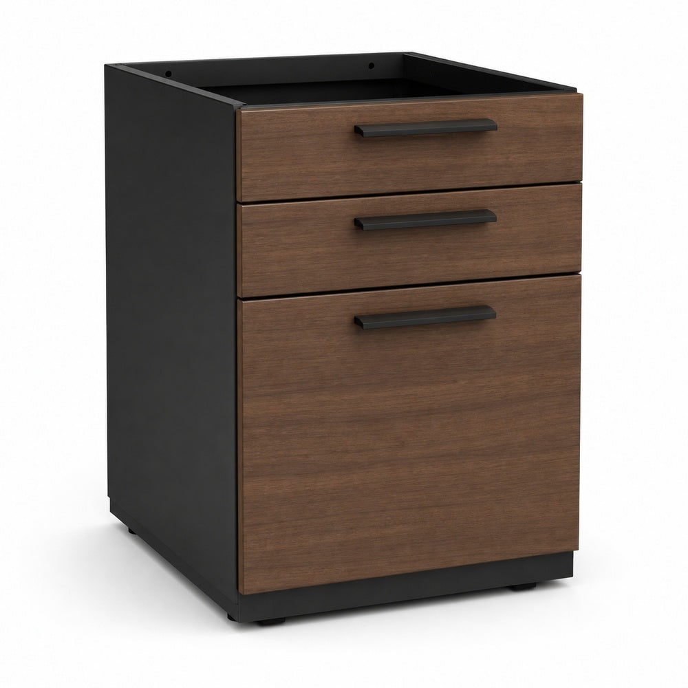 Archivero pedestal metalico Grupo Versa Complementos con 2 cajones y 1 gaveta, frentes melamina/LPAP, fondo 49.5 cm, cubierta melamina, estructura negra