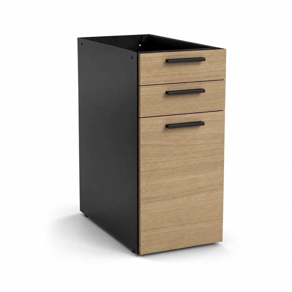 Archivero pedestal metalico Grupo Versa Complementos con 2 cajones y 1 gaveta, frentes melamina/LPAP, fondo 49.5 cm, cubierta lpap, estructura negra