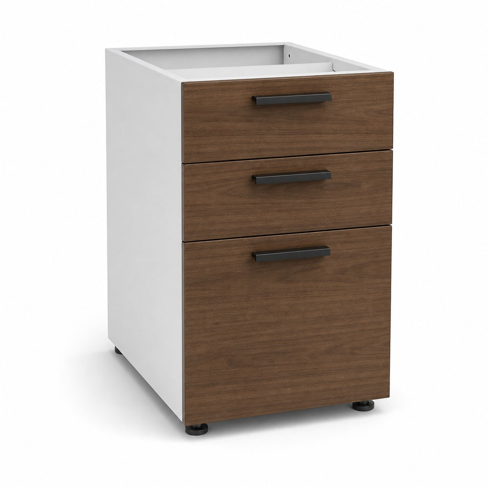 Archivero pedestal metalico Grupo Versa Complementos con 2 cajones y 1 gaveta, frentes melamina/LPAP, fondo 49.5 cm, cubierta melamina, estructura blanca